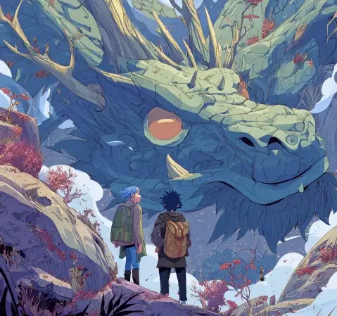 一幅展现漫画世界多样题材的插画，包含奇幻、校园与科幻元素